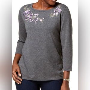 Karen scott 3/4 sleeves emroided grey shirt